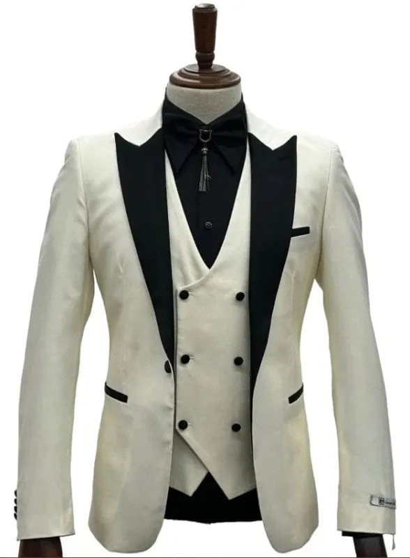 Ivory Wedding Suit - Peak Label Cream Tuxedo Suit - Ivory Dinner Jacket Plus Pants sold by Alberto Nardoni