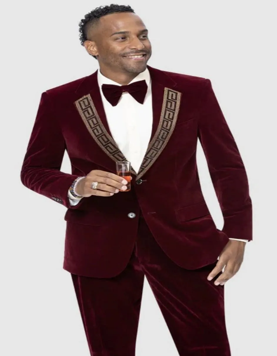 Mens One Button Modern Fit Velvet Tuxedo Suit with Gold Sequin Lapel in Burgundy sold by Alberto Nardoni