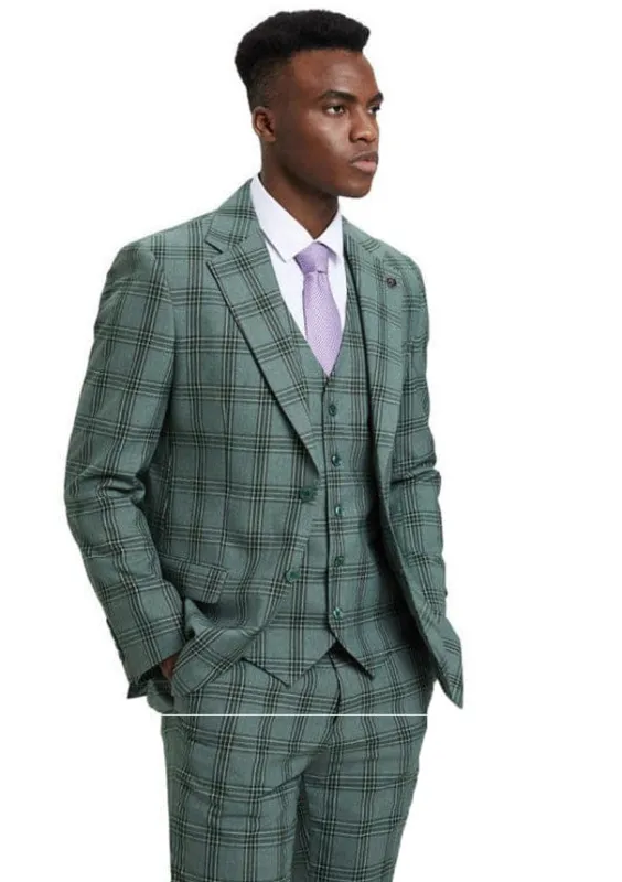 Mens 2 Button Green Wide Lapel Plaid Jacket 3 Piece Suit sold by Alberto Nardoni