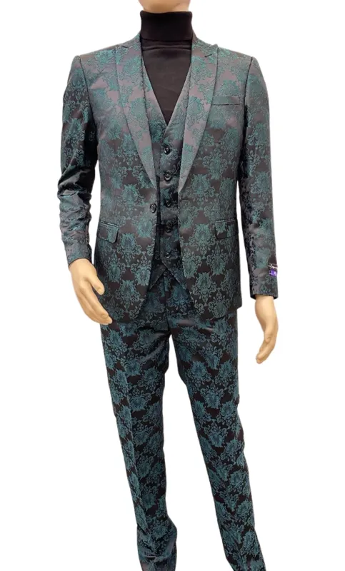 Paisley Suit - Black and Emerald Green Prom Suit - Slim Fit Stage Suit sold by Alberto Nardoni