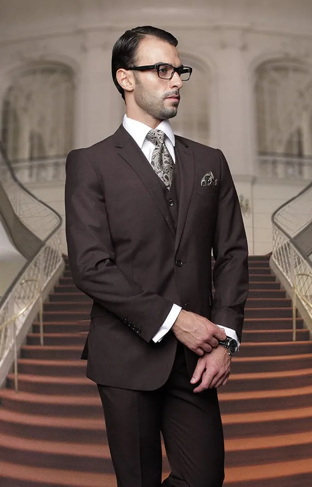 Mens Super 150'S Extra Fine Italian Fabric Classic 3pc 2 Button Solid Brown Suit sold by Alberto Nardoni