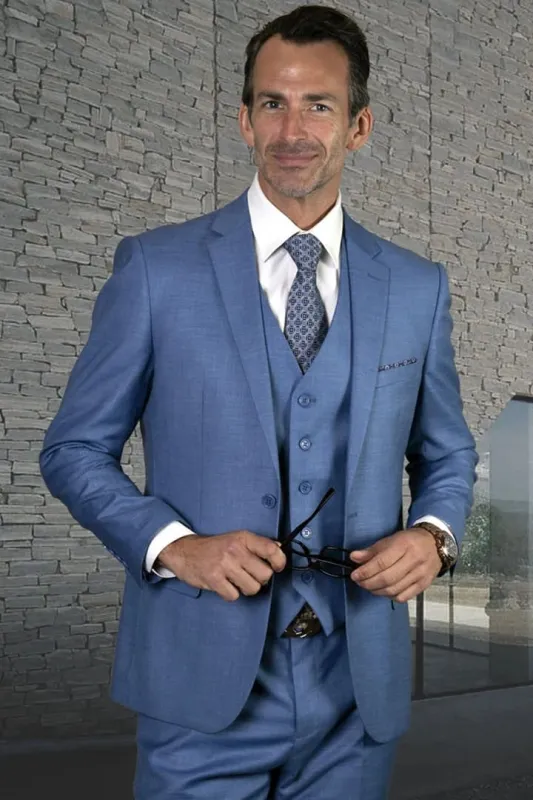 Mens Italian Suit - Men's Designer Modern Fit Vested Wool Sharkskin Steel Blue Suit sold by Alberto Nardoni