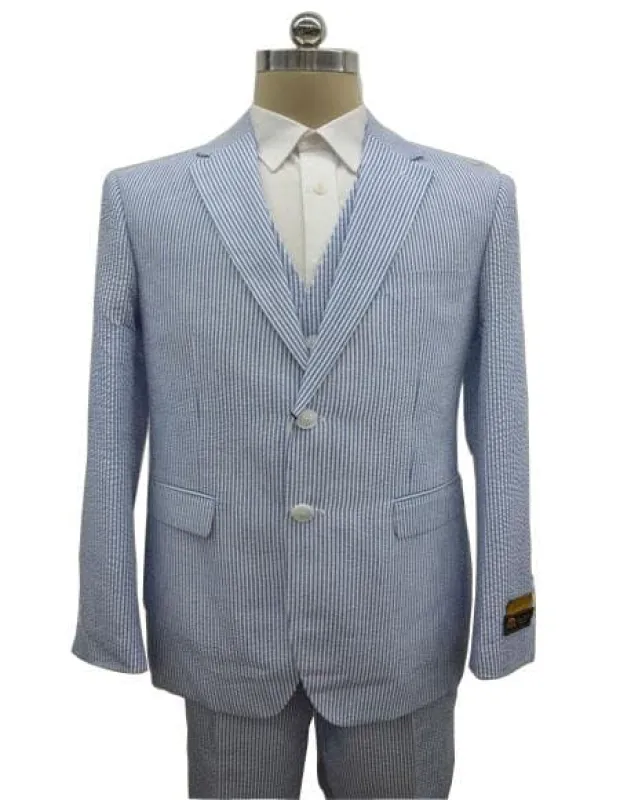 Men's Notch Label Blue Summer Seersucker Fabric Vested 3 Piece Notch Lapel Suit sold by Alberto Nardoni