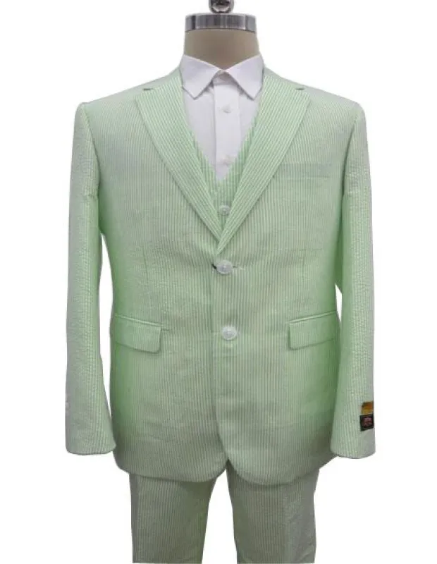 Men's Notch Label Green Colour Summer Seersucker Fabric Vested 3 Piece Suit sold by Alberto Nardoni