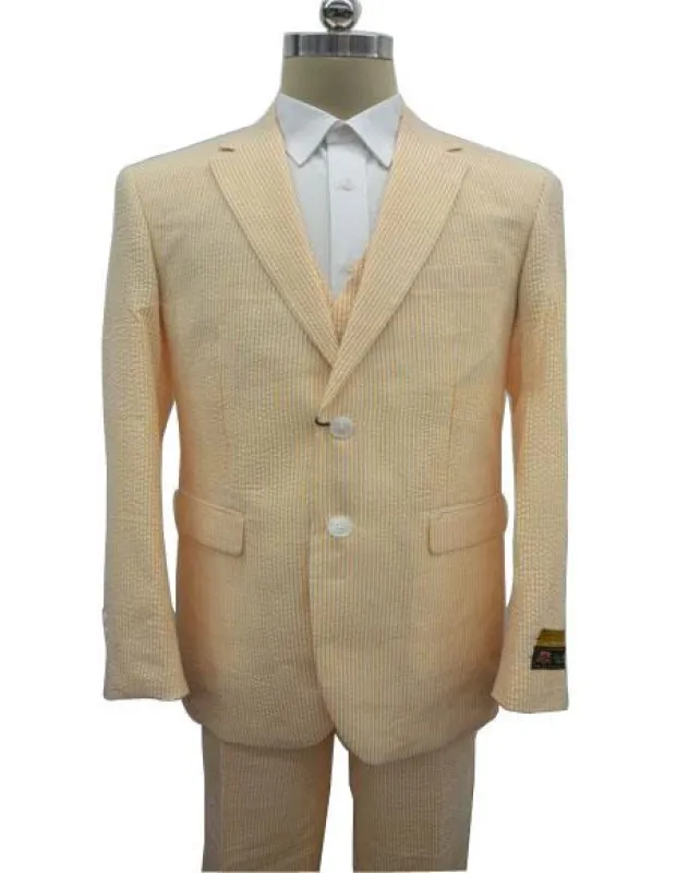 Men's Notch Label Orange Colour Summer Seersucker Fabric Vested 3 Piece Suit sold by Alberto Nardoni