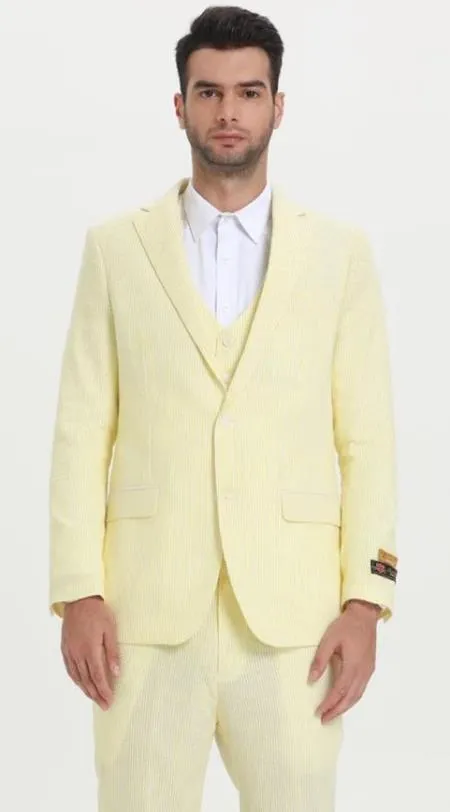 Men's Notch Label Orange Colour Summer Seersucker Fabric Vested 3 Piece Suit sold by Alberto Nardoni product image thumbnail 4