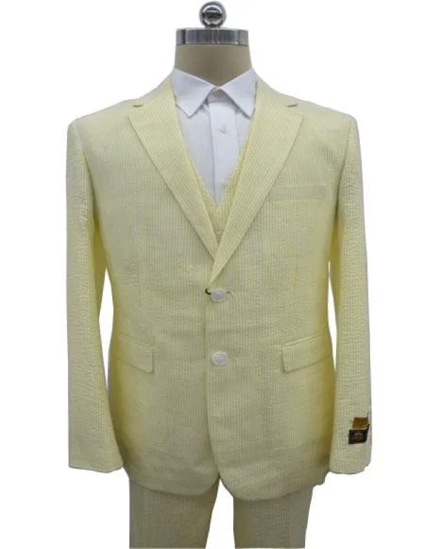 Men's Notch Label Yellow Colour Summer Seersucker Fabric Vested 3 Piece Suit sold by Alberto Nardoni