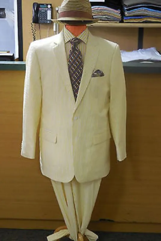 Alberto Nardoni Brand Yellow ~ Gold seersucker ~ sear sucker Suits 2 button suit Flat Front Pants Regular Fit Blazer & Pants made by Alberto Nardoni