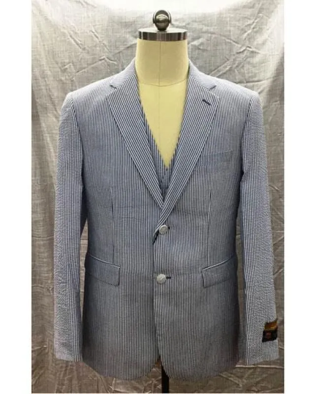 Men's Notch Label Blue Summer Seersucker Fabric Vested 3 Piece Suit sold by Alberto Nardoni