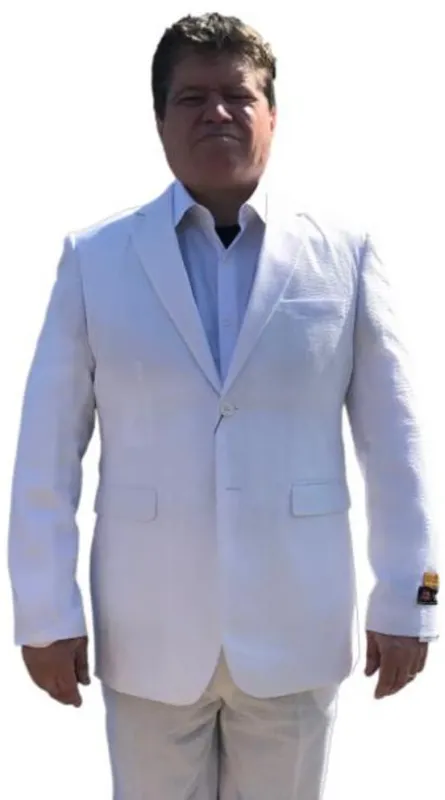 Alberto Nardoni White & White Seersucker Sear sucker suit 2 button Flat Front Pants Regular Fit Side Vented sold by Alberto Nardoni