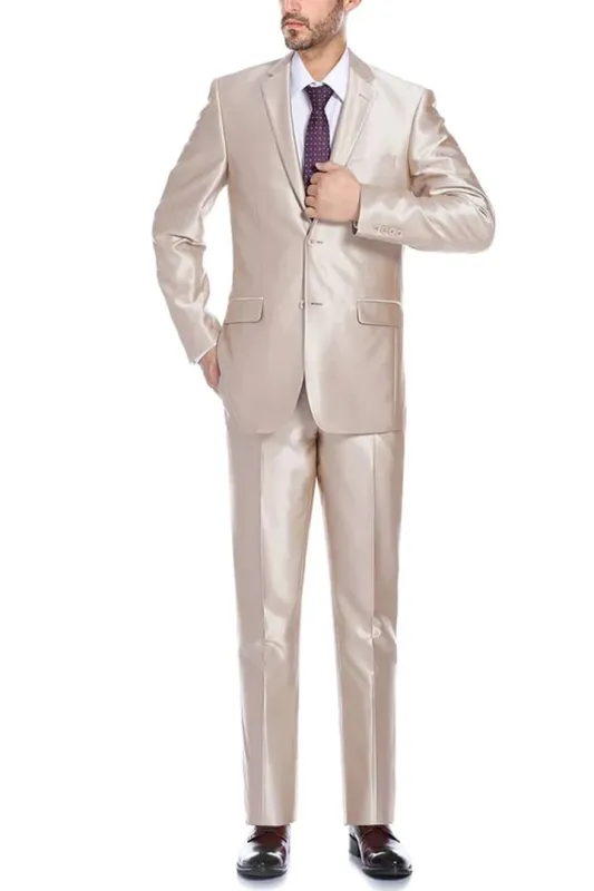 Mens Basic Two Button Classic Fit Shiny Champagne Tan Sharkskin Suit sold by Alberto Nardoni