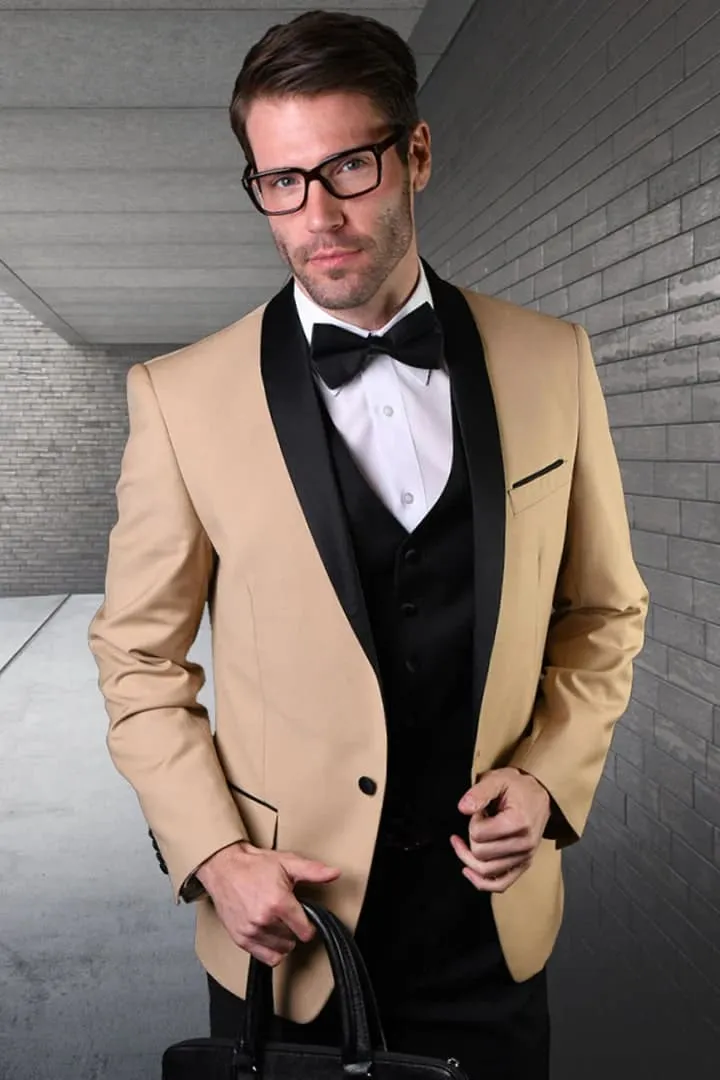 Men's Vested Classic Dinner Jacket Wedding Champagne Tan Tuxedo sold by Alberto Nardoni