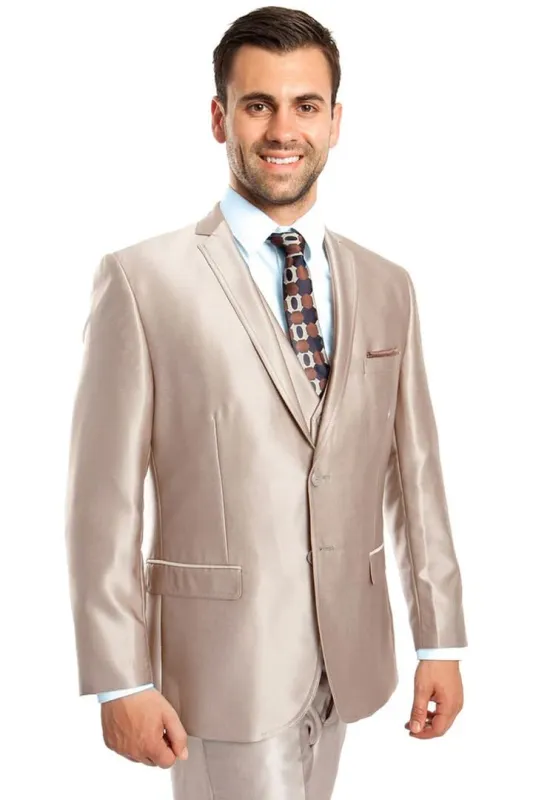 Men's Two Button Vested Shiny Sharkskin Wedding & Prom Fashion Champagne Light Suit sold by Alberto Nardoni