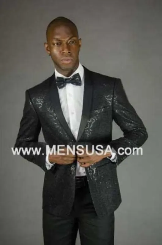 Sequin Blazer 2 Button Sequin Shawl Lapel Slim Fit Jacket Black sold by Alberto Nardoni