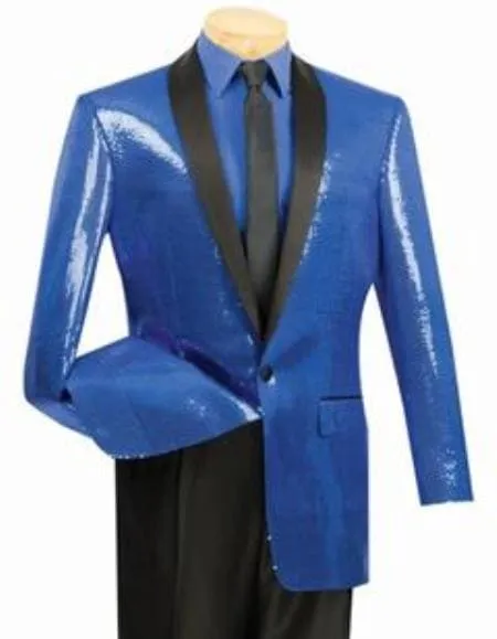 Shiny Flashy Sharkskin Metallic Sapphire Blue Sequin Formal Royal Color Tuxedo Shawl Lapel Sportcoat Jacket sold by Alberto Nardoni
