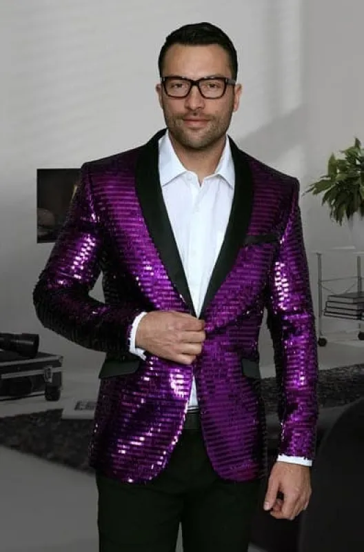 Men's Purple Shiny Sequin Paisley 1 Button Blazer Dinner Jacket Sport Coat Jacket Sharkskin Flashy Stage Available in Peak Lapel sold by Alberto Nardoni