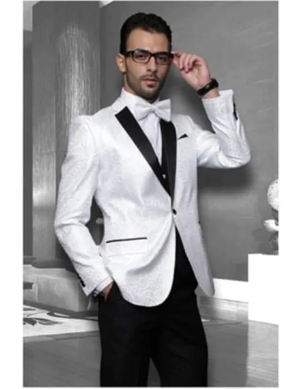 Men's White Sport coat Black Lapel Floral Shiny Tuxedo Paisley Flashy Satin Stage Dance sold by Alberto Nardoni