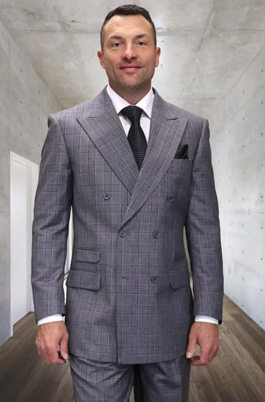 Mens Double Breasted Wool Suit Grey Plaid Regular Fit Black Gray made by Alberto Nardoni