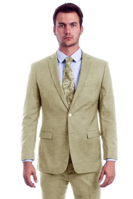 Tan Linen Suit - Men's Two Button Modern Fit Linen Look Light Beige Summer Suit made by Alberto Nardoni
