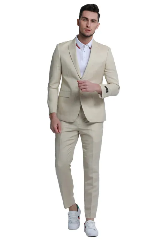Tan Linen Suit - Men's Two Button Peak Lapel Summer Linen Style Beach Tan Wedding Suit sold by Alberto Nardoni