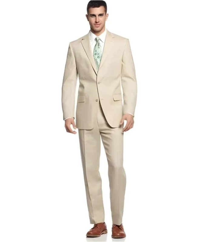 Tan Linen Suit - Two Button Pure Linen For Beach Wedding outfit Suit Basic Solid Plain Tan Wedding / Prom ~ Beige made by Alberto Nardoni