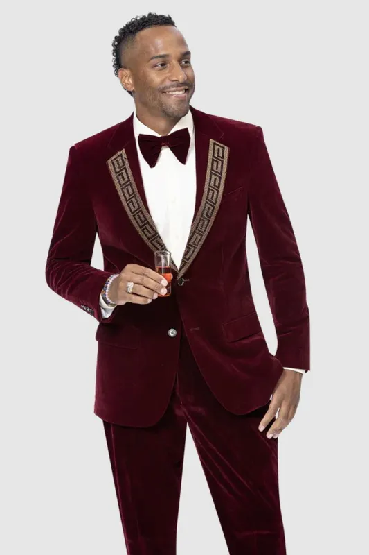 EJ Samuel Men's Burgundy Modern Fit Velvet Tuxedo with Gold Sequin Lapel sold by Alberto Nardoni