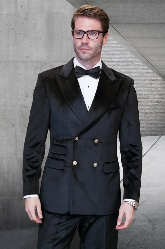 Men's Designer Double Breasted Velvet Suti with Gold Buttons in Black sold by Alberto Nardoni