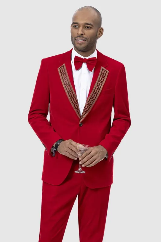 "EJ Samuel Red Velvet Tuxedo Suit with Gold Sequin Lapel - Modern Fit" made by Alberto Nardoni