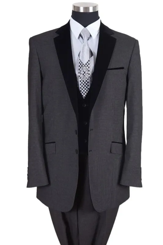 Mens Vested Modern Fit Tuxedo Suit in Black with Black Velvet Lapel and Vest sold by Alberto Nardoni