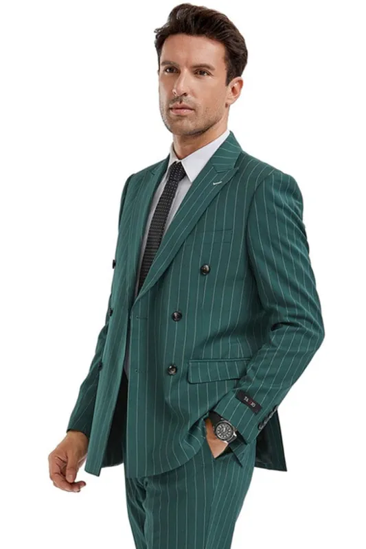 Men's Slim Fit Double Breasted Bold Gangster Pinstripe Suit in Hunter Green made by Alberto Nardoni
