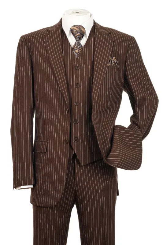 Mens 2 Button Vested Bold Pinstripe Gangster Suit in Brown sold by Alberto Nardoni