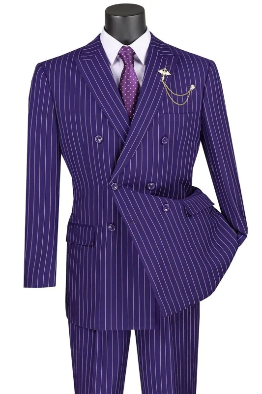Mens Double Breasted Gangster Bold Pinstripe Suit in Purple sold by Alberto Nardoni