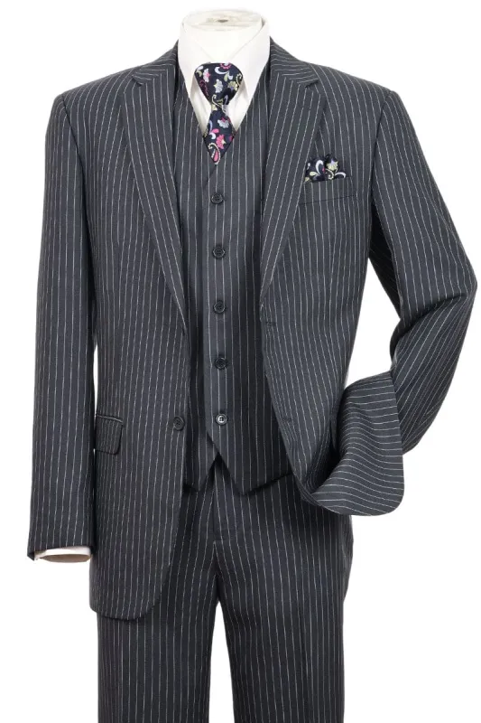 Mens 2 Button Vested Bold Pinstripe Gangster Suit in Charcoal Grey sold by Alberto Nardoni