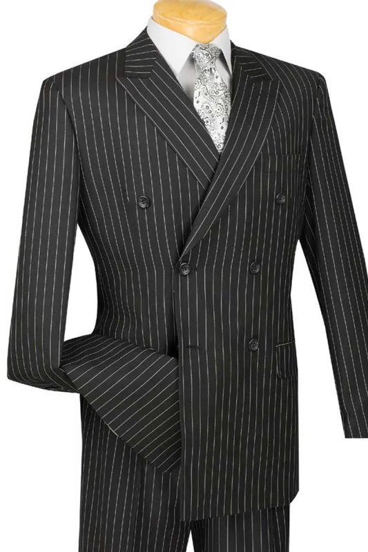 Mens Double Breasted Gangster Bold Pinstripe Suit in Black sold by Alberto Nardoni