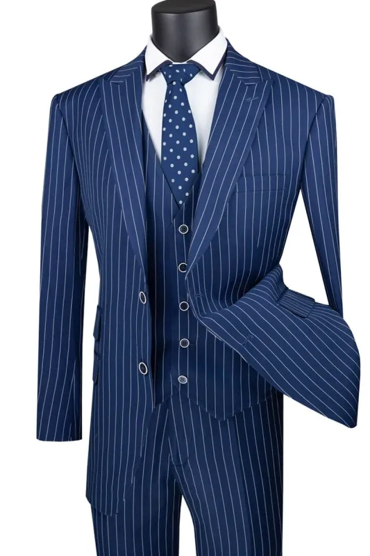 Mens Vested Bold Gangster Pinstripe Suit in Navy Blue sold by Alberto Nardoni