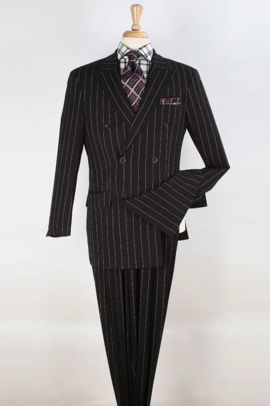 Mens Double Breasted 1920's Wide Bold Gangster Pinstripe Suit in Black sold by Alberto Nardoni