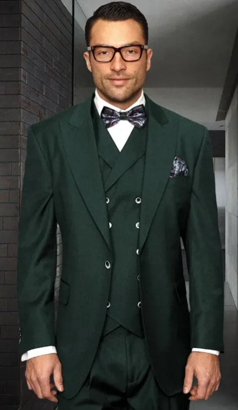 Men's One Button Vested Peak Lapel Wide Leg Pant Wool Suit in Hunter Green sold by Alberto Nardoni