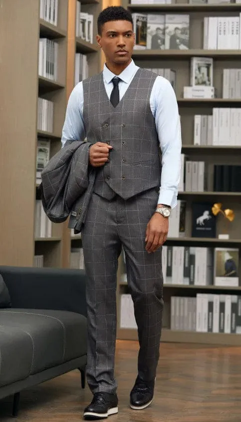 Men's Stacy Adams One Button Peak Lapel Suit with Double Breasted Vest in Charcoal Windowpane sold by Alberto Nardoni product image thumbnail 3