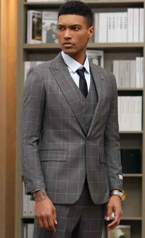 Men's Stacy Adams One Button Peak Lapel Suit with Double Breasted Vest in Charcoal Windowpane sold by Alberto Nardoni