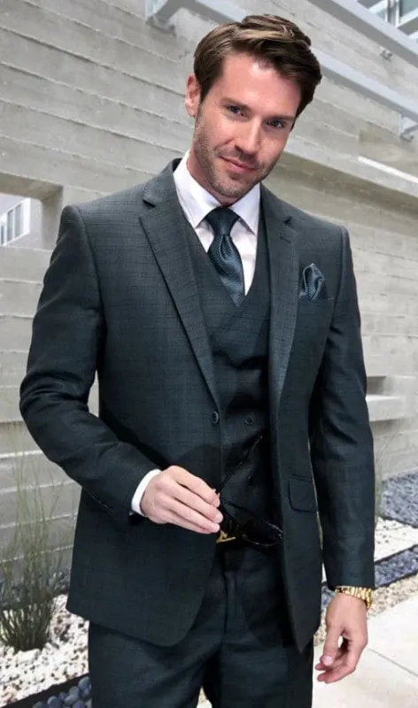 Men's Designer Wool Vested Notch Lapel Modern Fit Sharkskin Suit in Hunter Green sold by Alberto Nardoni