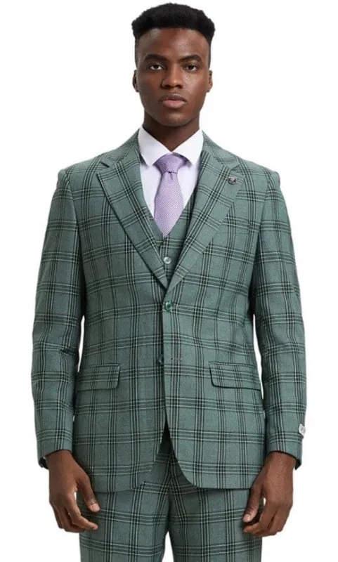Men's Two Button Notch Lapel Vested Glen Plaid Check Suit in Light Olive Green sold by Alberto Nardoni