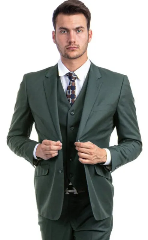 Men's Designer Two Button Notch Lapel Modern Fit Vested Wool Suit in Olive Green sold by Alberto Nardoni