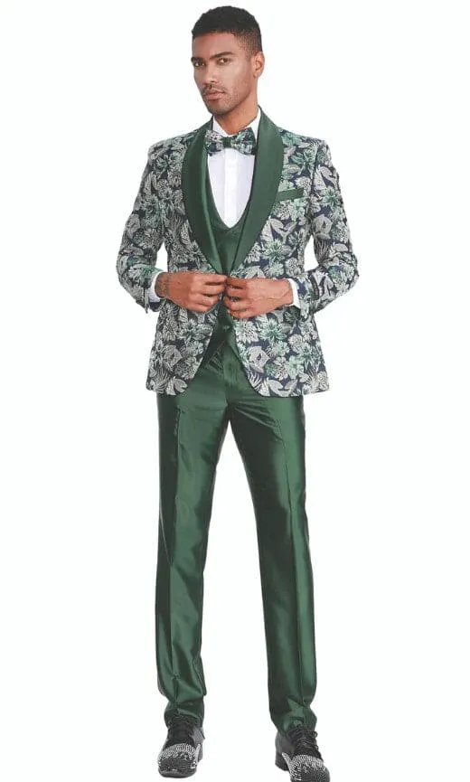 Men's Slim Fit One Button Shawl Collar Vested Paisley Shawl Lapel Prom Tuxedo in Hunter Green sold by Alberto Nardoni product image thumbnail 3