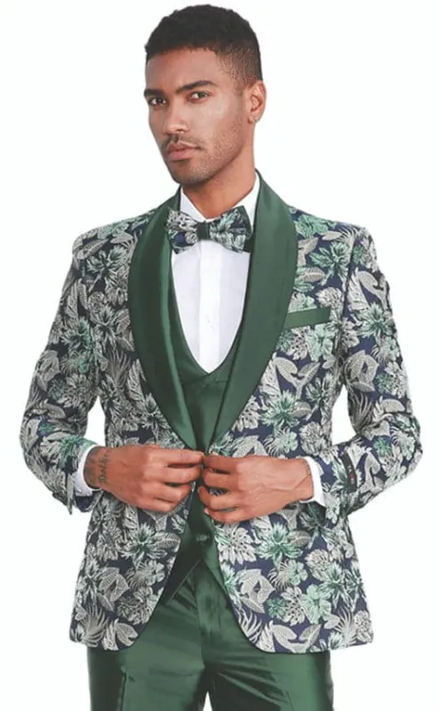 Men's Slim Fit One Button Shawl Collar Vested Paisley Shawl Lapel Prom Tuxedo in Hunter Green sold by Alberto Nardoni