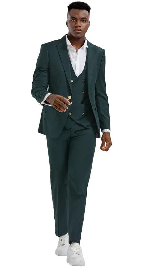 Men's One Button Peak Lapel Vested Suit with Gold Buttons in Four Button Vest Hunter Green sold by Alberto Nardoni product image thumbnail 2