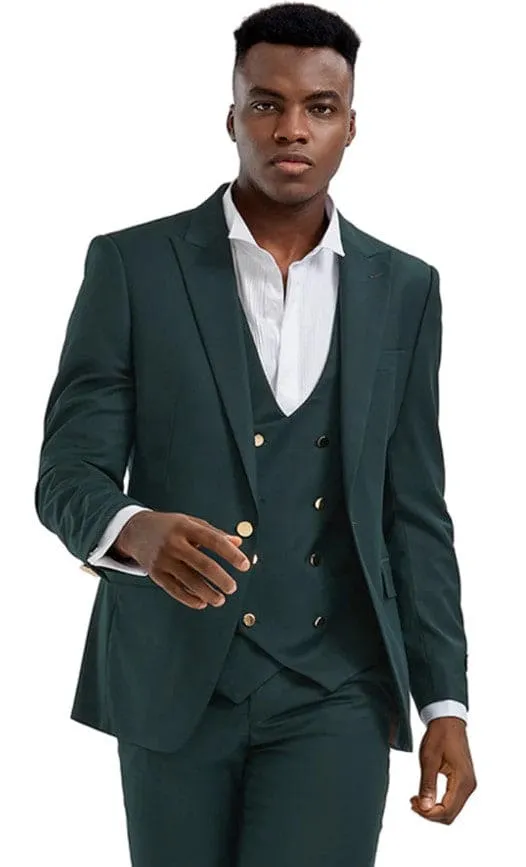 Men's One Button Peak Lapel Vested Suit with Gold Buttons in Four Button Vest Hunter Green sold by Alberto Nardoni