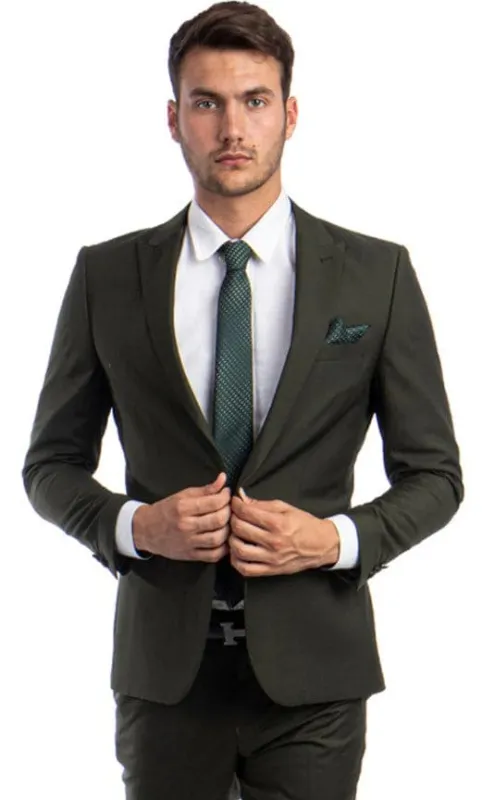 Men's One Button Peak Lapel Side Vent Basic Skinny Slim Fit Suit in Dark Olive Green sold by Alberto Nardoni