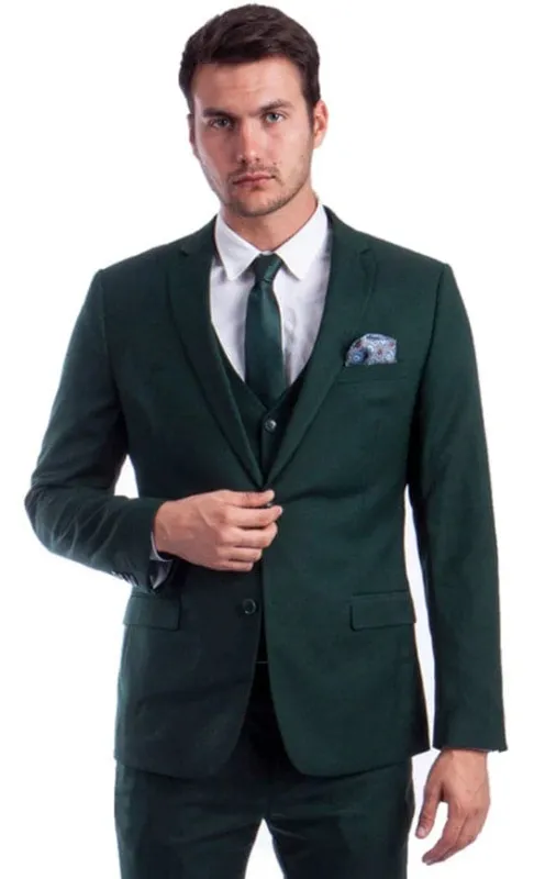 Men's Two Button Slim Fit Notch Lapel Vested Solid Basic Color Suit in Forest Green sold by Alberto Nardoni