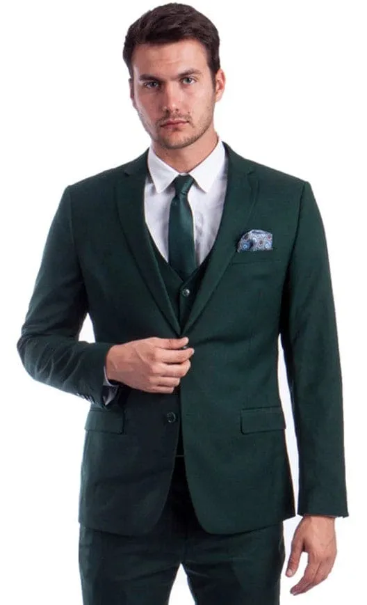 Men's Two Button Slim Fit Notch Lapel Vested Solid Basic Color Suit in Forest Green sold by Alberto Nardoni