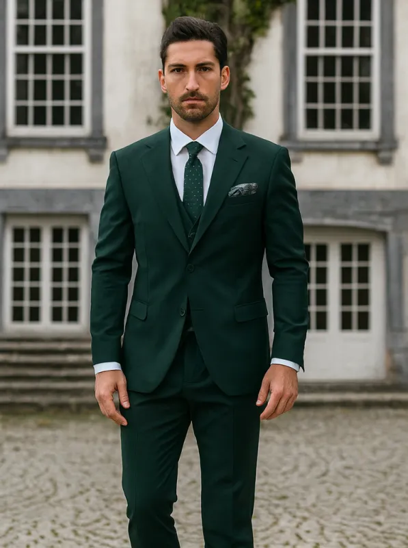 Men's Two Button Vested Notch Lapel Matching Vest and Basic Suit in Hunter Green sold by Alberto Nardoni